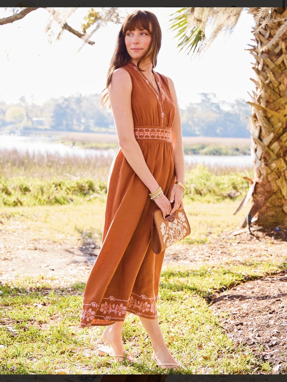 Spartina 449 Jennifer Midi Mocha Dress 100% Linen Embroidered Floral